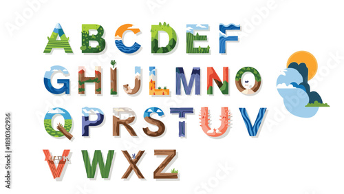 A creative alphabet set where each letter is designed with a different nature landscape, such as mountains, forests, and oceans.