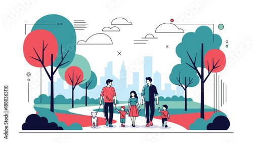 A happy family of two fathers, their three children, and a dog are enjoying a walk together in a modern, stylized city park.
