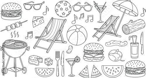 Summer picnic doodle elements set, barbecue food drinks beach accessories, hand drawn outline icons, holiday leisure vector illustration