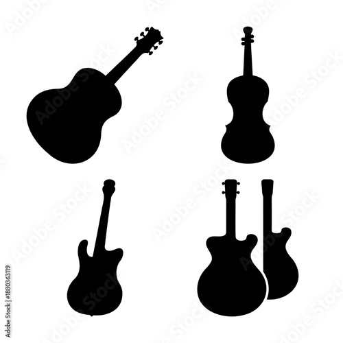 Silhouettes of various string musical instruments including acoustic, electric guitars, and a violin