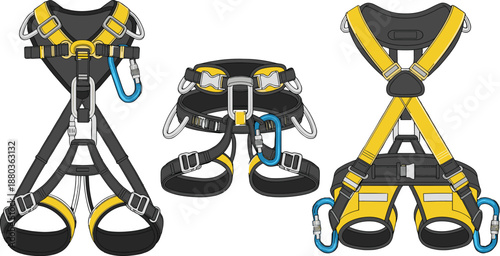 Safety harness equipment, climbing gear, construction harness, fall protection straps, adjustable buckles, carabiners, industrial safety, protective gear, secure harness, worker safety