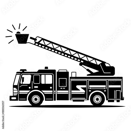 black silhouette of a fire truck with extended ladder, emergency vehicle with light, rescue equipment, fire department