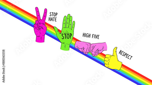 Diverse hands forming positive gestures of peace acceptance and unity against a vibrant rainbow background symbolizing solidarity and anti hate messages with distinct symbols like peace sign stop