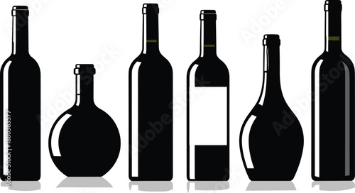 Wine bottle silhouettes collection featuring different shapes glass containers alcohol beverage packaging black vector illustration set