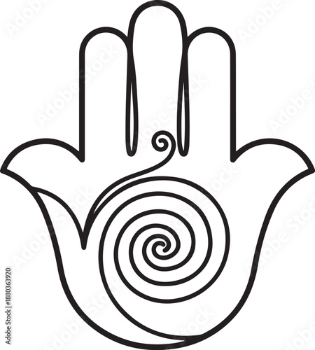 Hamsa hand outline with spiral pattern for spiritual protection and meditation symbols oriental folk art style hand drawn fatima hand on transparent space