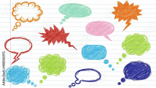 thought bubbles with a scribble texture on a lined paper background, perfect for communication concepts, brainstorming, and social media designs