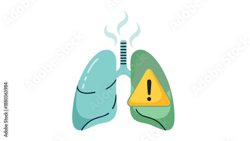 Illustration of human lungs with warning sign on one lung indicating health issue or disease
