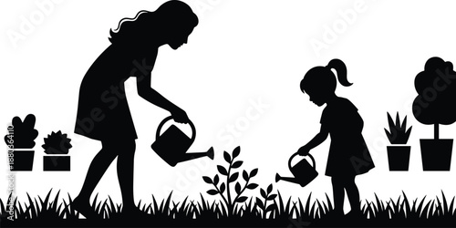 Mother and daughter watering plants silhouette, family gardening activity, nurturing nature concept, outdoor bonding illustration, sustainable lifestyle background