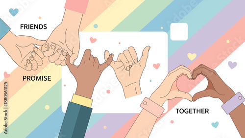 Diverse hands forming friendship gestures like pinky promises and heart shapes against a vibrant pastel rainbow background symbolizing unity connection and togetherness in a modern vector art style