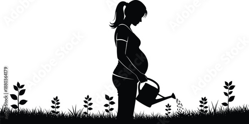 Pregnant woman watering plants silhouette, motherhood and nature concept, healthy pregnancy lifestyle, growth care illustration, nurturing life background