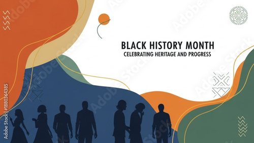 A vibrant vector graphic celebrating Black History Month with silhouettes of people