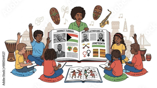 A vibrant illustration of children learning about history and culture from a teacher
