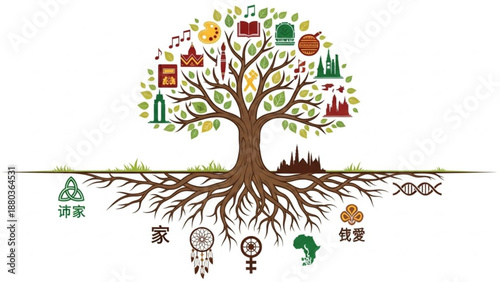 A colorful tree with roots and symbols representing growth and harmony