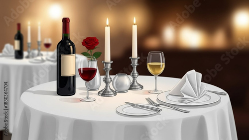 A beautifully set table with wine and candles in a romantic restaurant