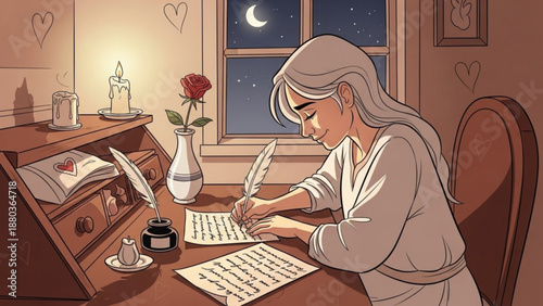 A woman writes a letter by candlelight in a cozy room