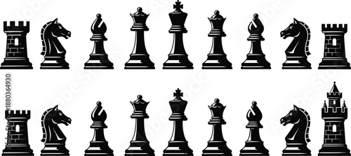 Chess piece silhouettes set including king queen rook bishop knight pawn isolated on white background strategy game illustration
