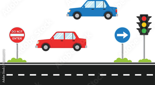 Traffic scene, road safety, cars, traffic signs, traffic light, do not enter, right turn, road rules, driving, vehicles,