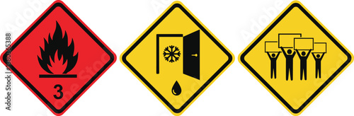 Warning signs, hazard symbols, flammable liquid, cold storage, protest area, safety alert, industrial signage, caution, yellow