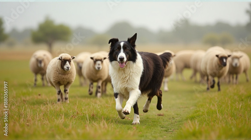 Energetic Border Collie herding sheep across a grassy field, showcasing its agility and intelligence in a rural setting for animal lovers