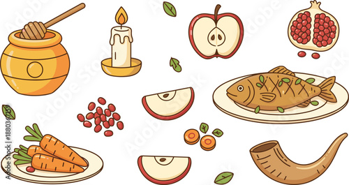 Rosh Hashanah Holiday Food Illustration Set Featuring Honey Pot, Apples, Pomegranate, Carrots, Fish Dish, Shofar, Candle, and Traditional New Year Symbols