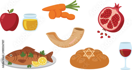 Rosh Hashanah Traditional Food Illustration Set Featuring Apples, Honey, Pomegranate, Carrots, Fish Dish, Shofar, Challah Bread, and Holiday Symbols