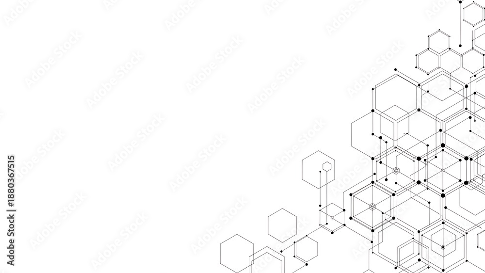 Fototapeta premium Geometric pattern of interconnected hexagons and nodes in black lines