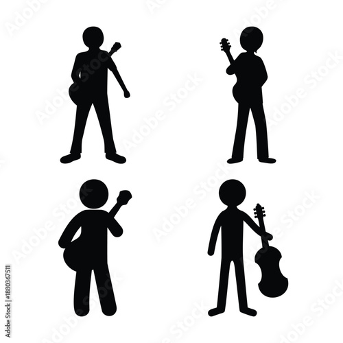 Silhouettes of stick figures holding various string instruments, representing music