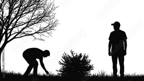 Two men working outdoors silhouette, teamwork gardening scene, nature care concept, rural lifestyle illustration, cooperation agriculture background