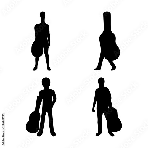 Silhouettes of musicians carrying acoustic guitars, representing music and performance