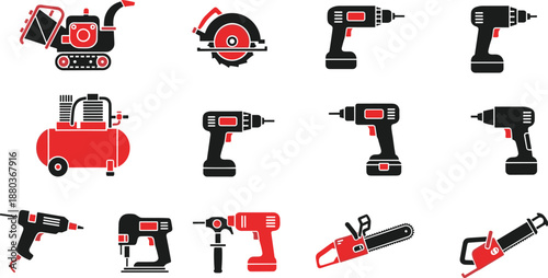 Power tools icons, construction equipment, circular saw, cordless drill, air compressor, nail gun, jigsaw, hammer drill, chainsaw, reciprocating saw
