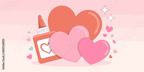 Pink hearts and glue bottle craft illustration