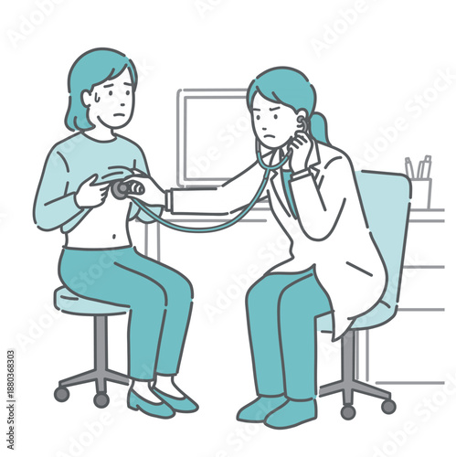 聴診を受ける冷や汗をかいた女性と深刻な表情の白衣の女性医師のイラスト
