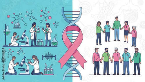 A vector graphic illustration of cancer research and awareness with scientists and people holding hands