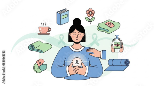 A woman surrounded by self-care items and symbols of support and comfort