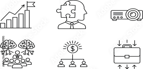 Set of six black and white vector line icons featuring desert mountains, sun, cactus, village, off-road jeep, and camel.