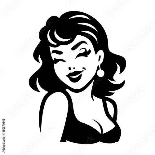 pin-up girl winking icon silhouette illustration for retro and fashion design