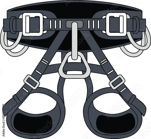 Climbing harness illustration, padded waist belt, adjustable leg loops, belay loop, safety gear, mountaineering equipment, rock climbing accessory, outdoor adventure
