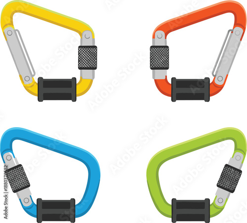 Colorful carabiner set, climbing gear illustration, outdoor safety equipment, adventure tools, secure locking mechanism, hiking accessories, vibrant design, mountaineering essentials