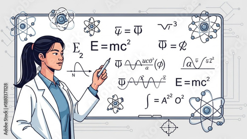 A female scientist in a lab coat writing on a whiteboard filled with complex mathematical equations and atomic symbols