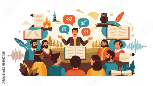 A vibrant illustration of a man giving a lecture to a group of people surrounded by books and thought bubbles