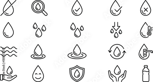 Water drop line icon set, hydration and clean water symbols, liquid usage icons, eco environment concept, outline vector illustration