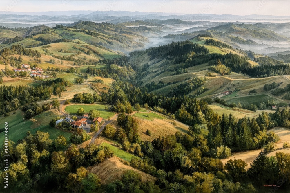 Naklejka premium A breathtaking aerial view of rolling green hills, dotted with trees and a quaint village, enveloped in morning mist under a clear blue sky.