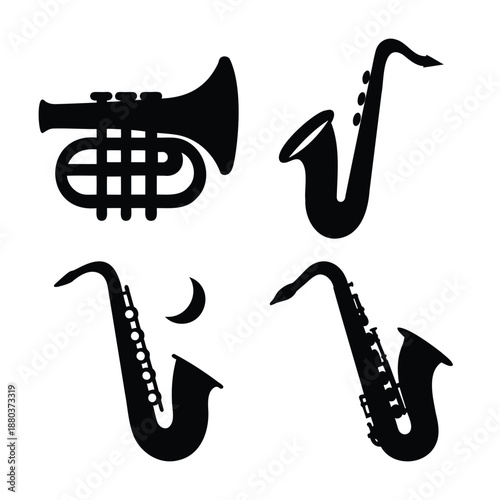 Classic brass and woodwind musical instruments collection featuring trumpets and saxophones in elegant silhouette