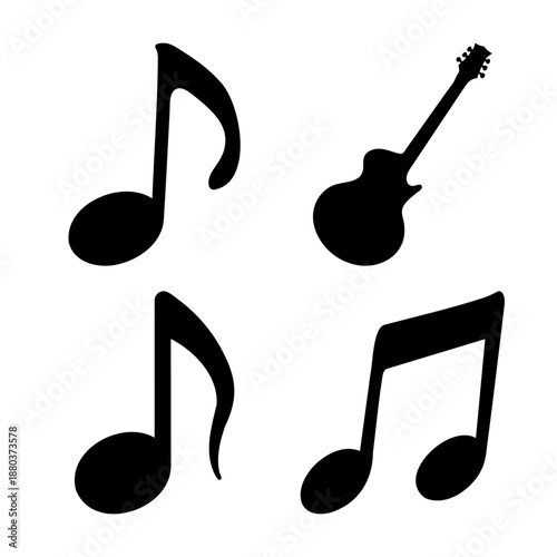 Black silhouettes of musical notes and a guitar symbolizing melody and instrument