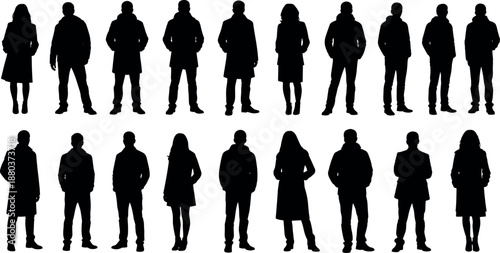 Large Collection of Male and Female People Silhouettes Wearing Winter Coats and Outerwear Standing in Various Poses on White Background