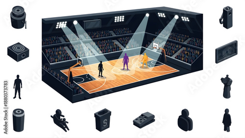 Isometric illustration of a basketball arena with players and surrounding elements