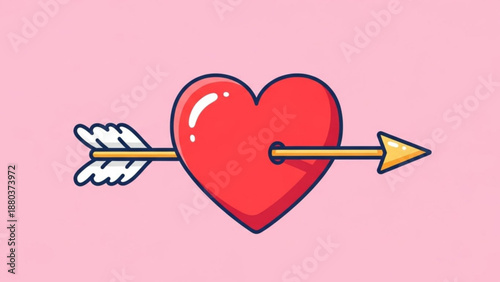 A cute cartoon heart pierced by a golden arrow on pink background