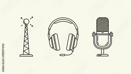 A minimalist vector graphic illustration of radio broadcasting equipment