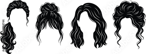 Women hairstyle silhouettes collection, female hair fashion styles, curly wavy bun ponytail looks, beauty salon design elements, black isolated illustration