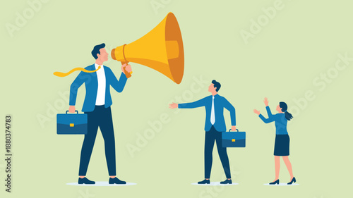 Executive Leader Speaking through a Giant Megaphone to Employees, Concept of Corporate Communication, Authoritative Management, Marketing Broadcasting, and Organizational Influence Vector Illustration